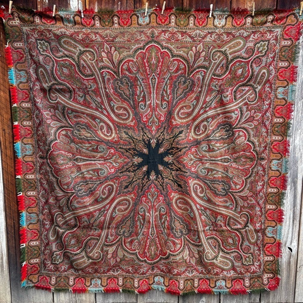 Stunning Antique Kashmir Paisley Woven Wool Shawl. Large size 70"x 74” rare find